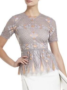 BCBG MAXAZRIA BLOUSE TOP SHIRT LACE LIGHT DUST GRAY Small